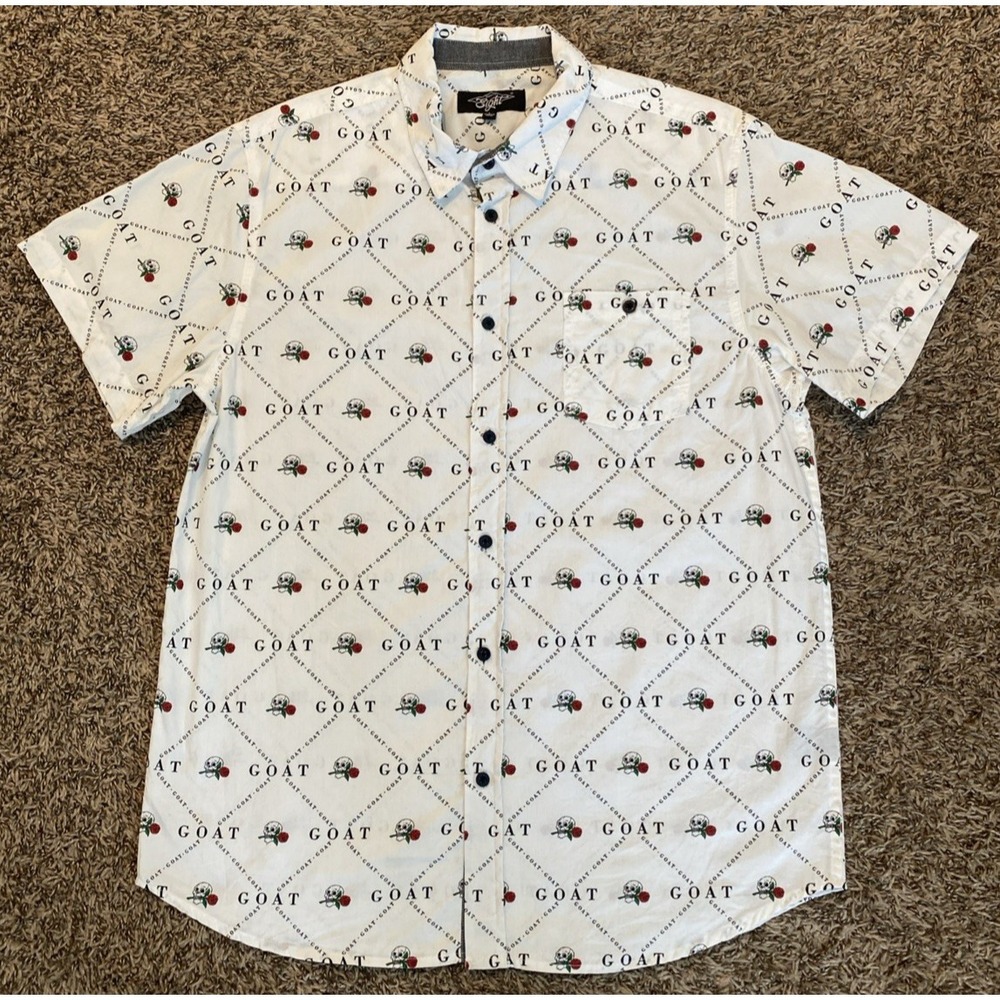 Eighty Eight Button Down Mens Large White‎ GOAT Skull Rose Graphic Short Sleeve